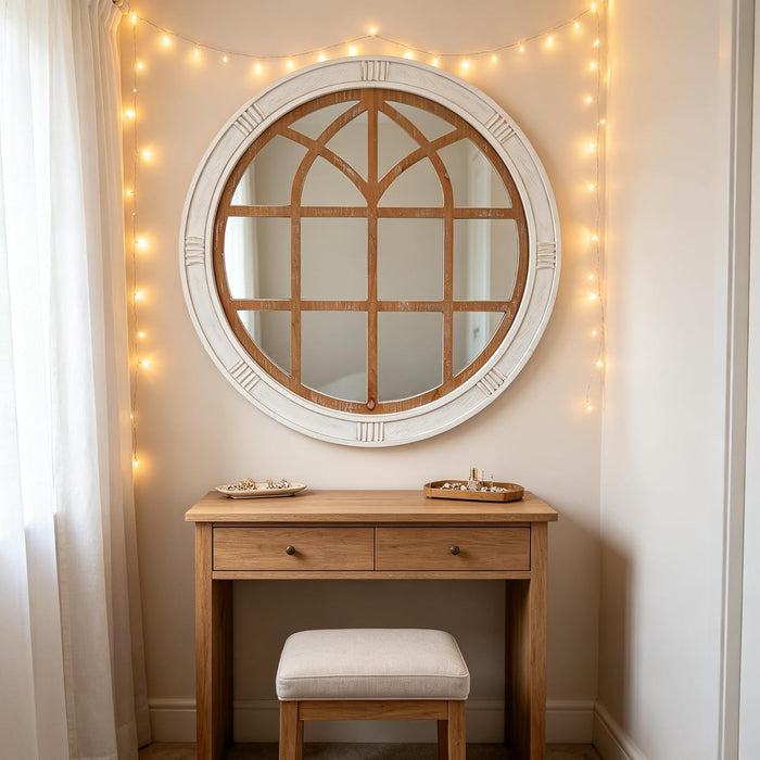 28" Farmhouse Round Window Mirror, Rustic White Wall Decor Mirror