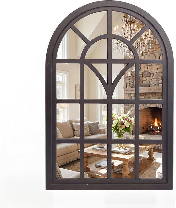 RiteSune Arched Window Wall Mirror, Black Decorative Mirror with Window Pane, Farmhouse Accent Mirror for Entryway, Living Room, Bedroom, Bathroom, 24" x 34"H