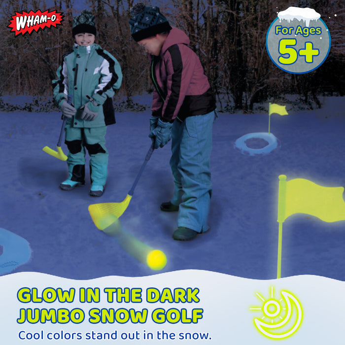 Wham-O Glow In The Dark Jumbo Snow Golf Kit - Outdoor Snow Golf Game Set Includes 2 Golf Balls, 2 Golf Clubs, and 3 Targets with Flags - Fun Winter Activity for Ages 5+
