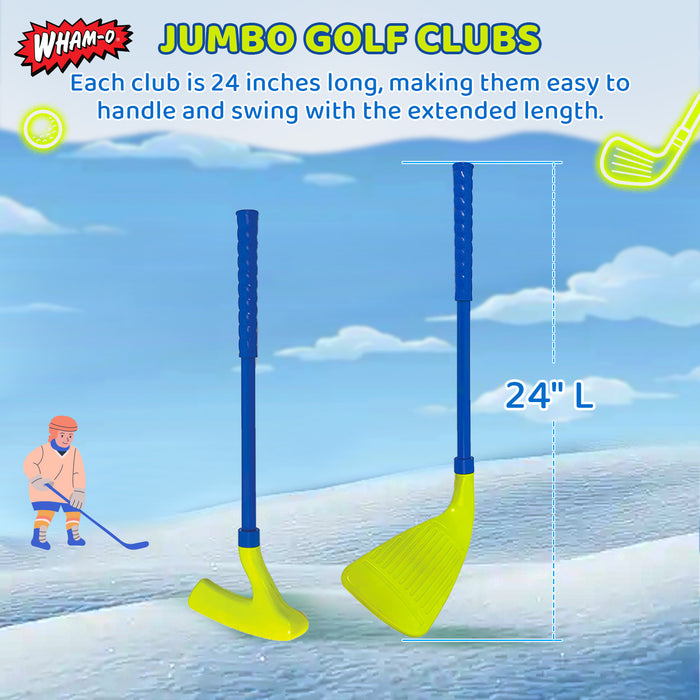 Wham-O Glow In The Dark Jumbo Snow Golf Kit - Outdoor Snow Golf Game Set Includes 2 Golf Balls, 2 Golf Clubs, and 3 Targets with Flags - Fun Winter Activity for Ages 5+
