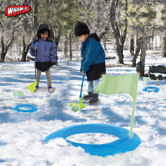 Wham-O Glow In The Dark Jumbo Snow Golf Kit - Outdoor Snow Golf Game Set Includes 2 Golf Balls, 2 Golf Clubs, and 3 Targets with Flags - Fun Winter Activity for Ages 5+