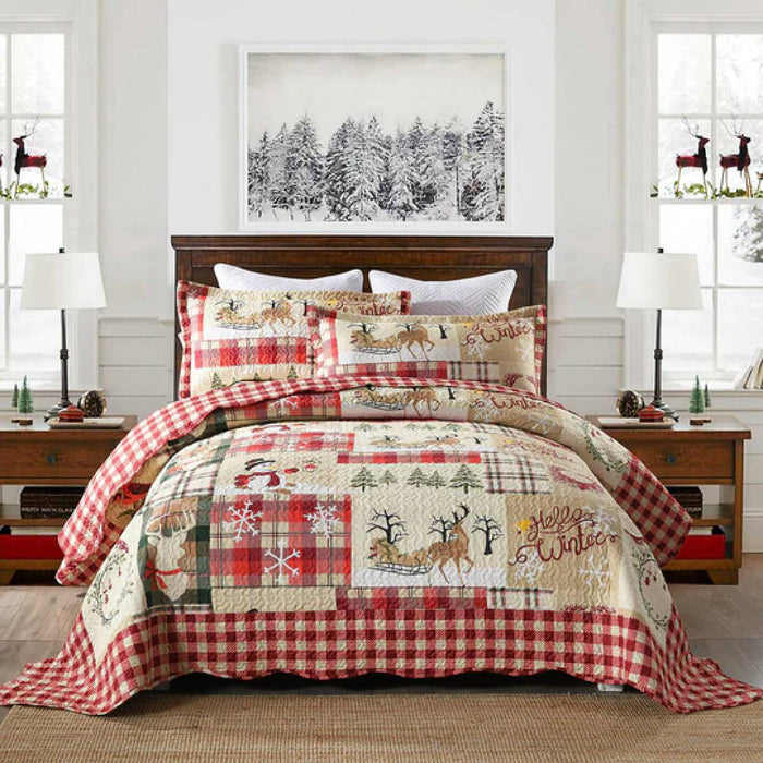 Marcielo Christmas Quilt Set - Christmas Rustic Cabin Lodge Pattern Holiday Bedding Bed Set (1 Quilt 2 Pillow Shams) - BY010