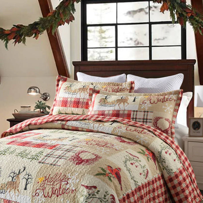 Marcielo Christmas Quilt Set - Christmas Rustic Cabin Lodge Pattern Holiday Bedding Bed Set (1 Quilt 2 Pillow Shams) - BY010