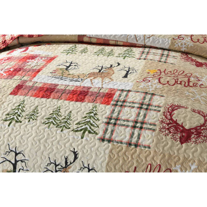 Marcielo Christmas Quilt Set - Christmas Rustic Cabin Lodge Pattern Holiday Bedding Bed Set (1 Quilt 2 Pillow Shams) - BY010