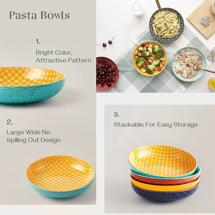 8.5 inch Vibrant Pasta Bowls, 34 Oz Porcelain Pasta Serving Bowl, Set Of 4, Mix-Match Pattern