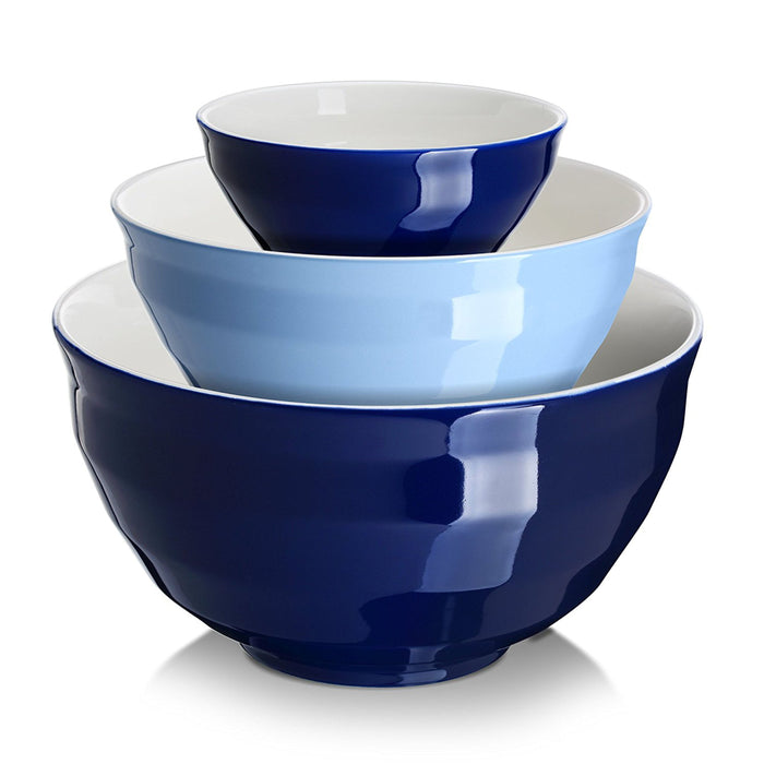 4.25/2/0.5 Qt Ceramic Large Serving Bowl Set, Microwave and Dishwasher Safe, Set Of 3, Blue