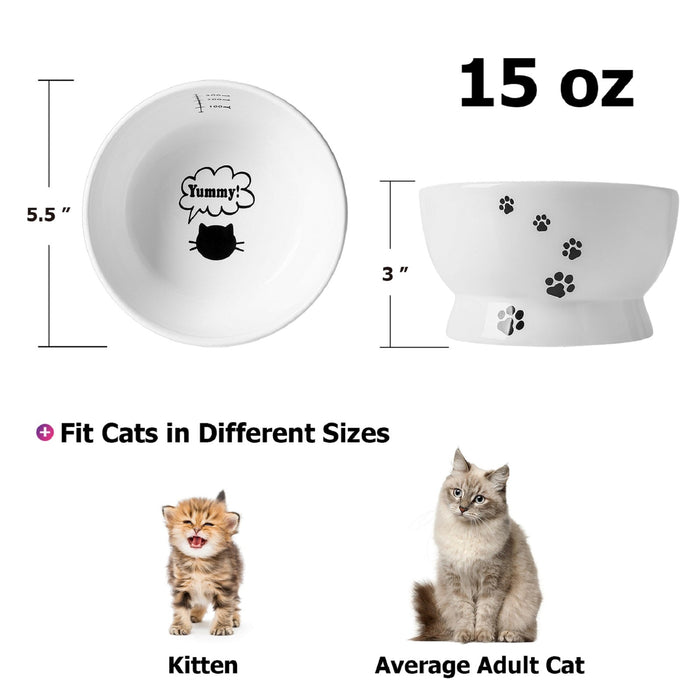 15 Oz Ceramic Cat Water Bowl, Anti Vomiting, Measurable, White
