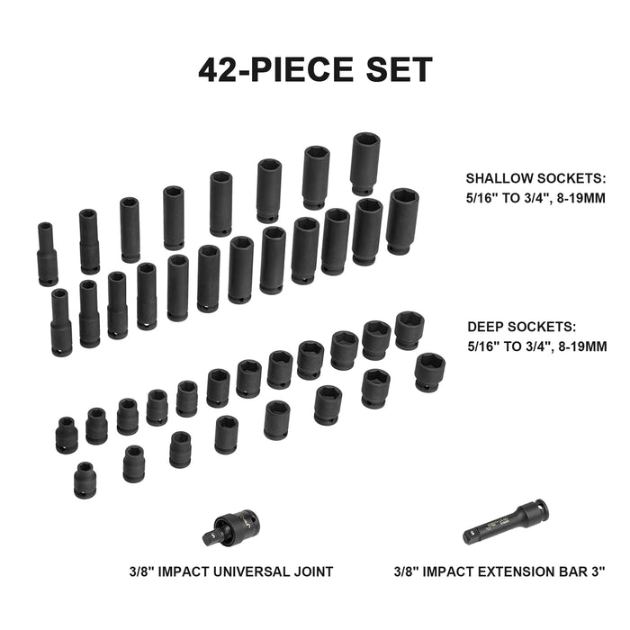 Jetech 42 Piece 3/8 Inch Drive SAE & Metric Impact Socket Set