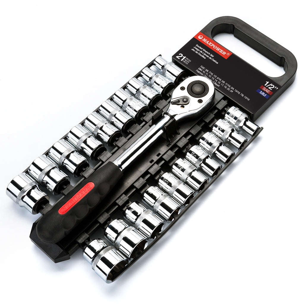 MAXPOWER 21PCS 1/2 Inch Ratcheting Socket Wrench Set - Metric +