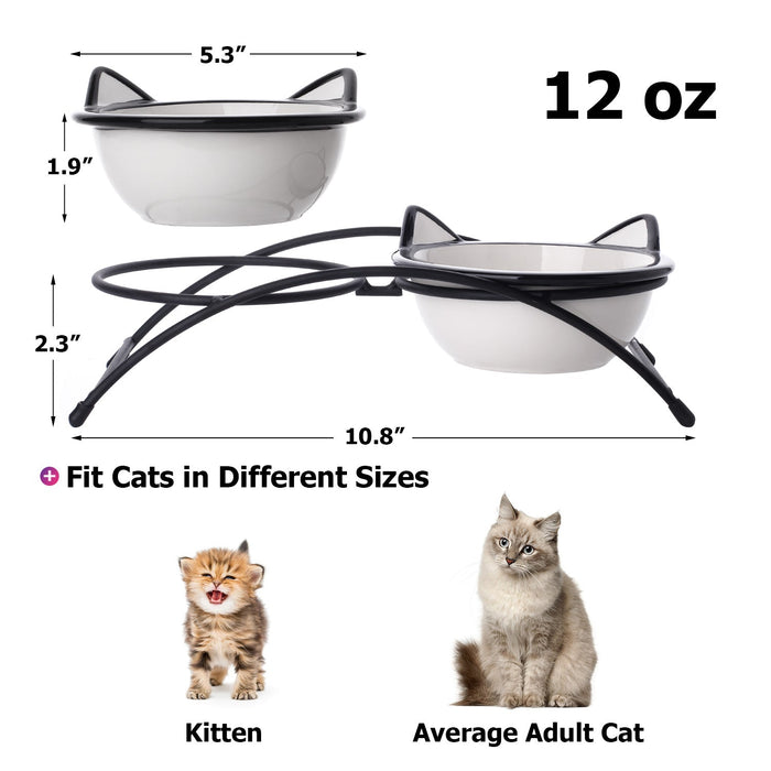 12 Oz Cat Food Bowls for Food and Water, Ceramic Pet Dishes, Dishwasher Safe, Set Of 2, White Ear