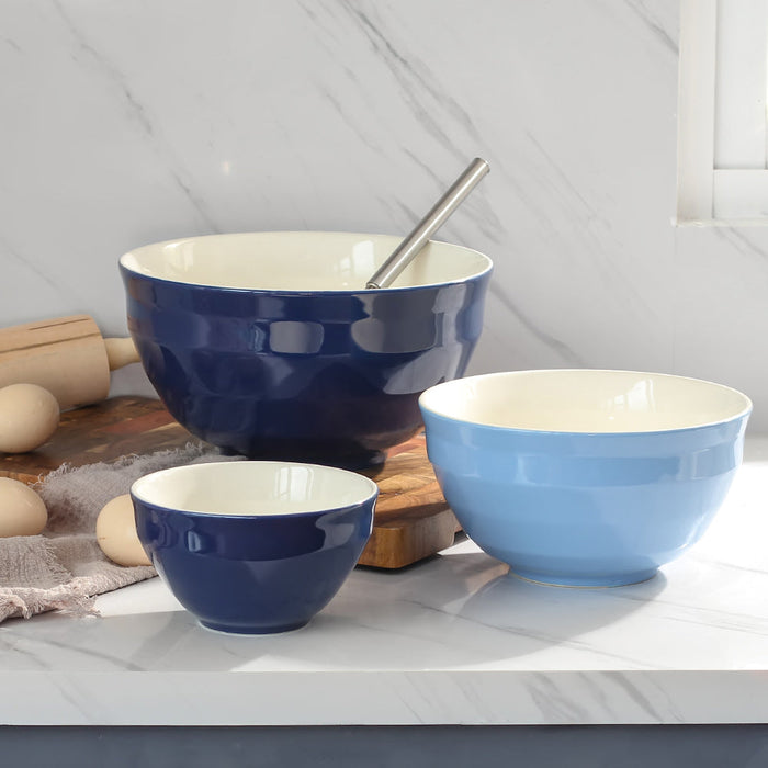 4.25/2/0.5 Qt Ceramic Large Serving Bowl Set, Microwave and Dishwasher Safe, Set Of 3, Blue