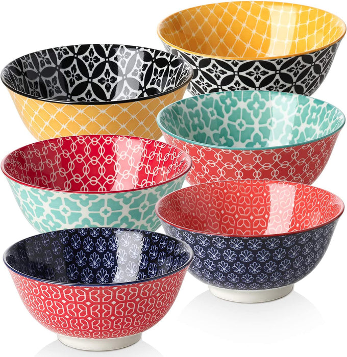 23 Oz Porcelain Cereal Bowls, Microwave and Dishwasher Safe, Set Of 6, Vibrant Colors